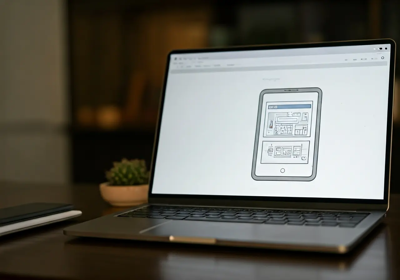 A laptop displaying app design sketches and notes. 35mm stock photo