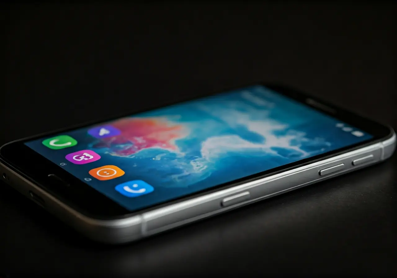 A smartphone with colorful app icons on its screen. 35mm stock photo