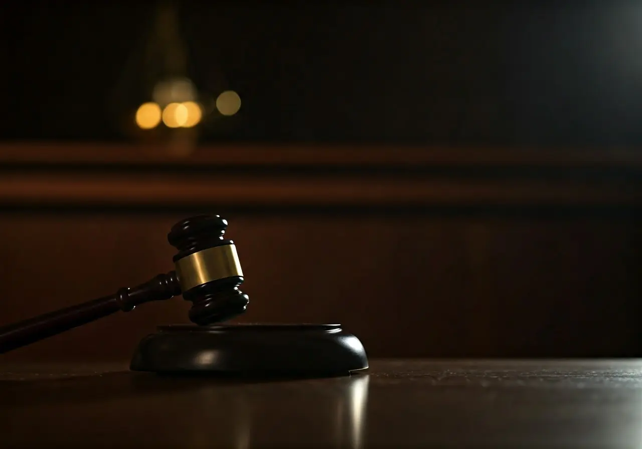 A dimly lit courtroom with a gavel in focus. 35mm stock photo