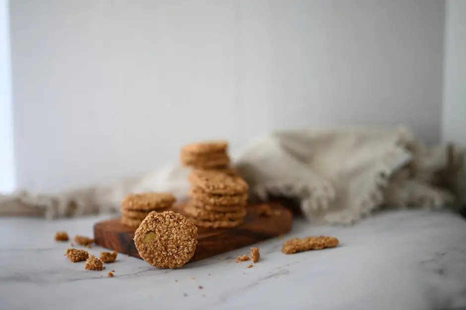 A close-up of homemade Anzac biscuits stacked on a wooden tray, evoking warmth and nostalgia.