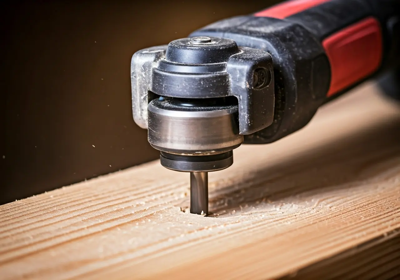 A close-up of an oscillating tool cutting through wood. 35mm stock photo