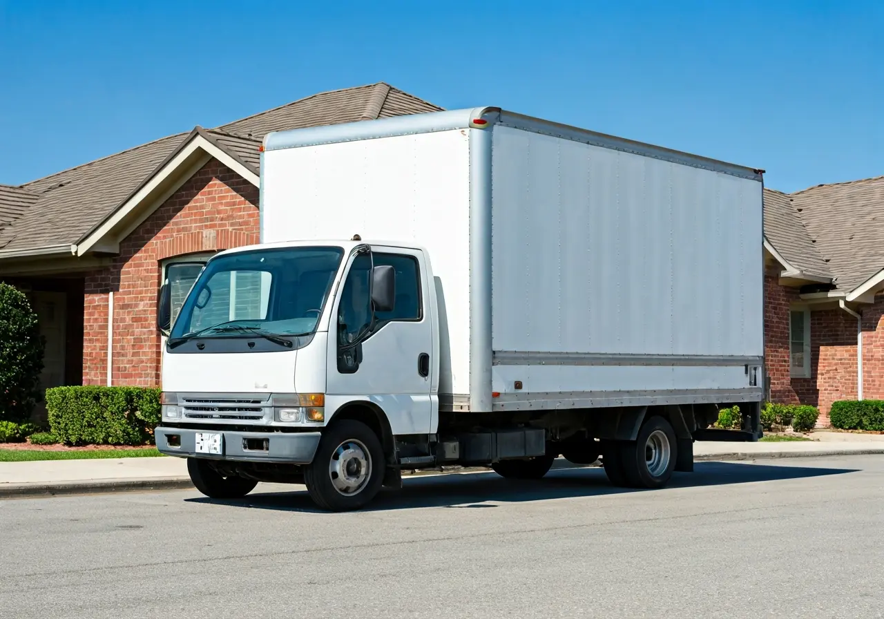 A small moving truck parked outside a suburban house. 35mm stock photo