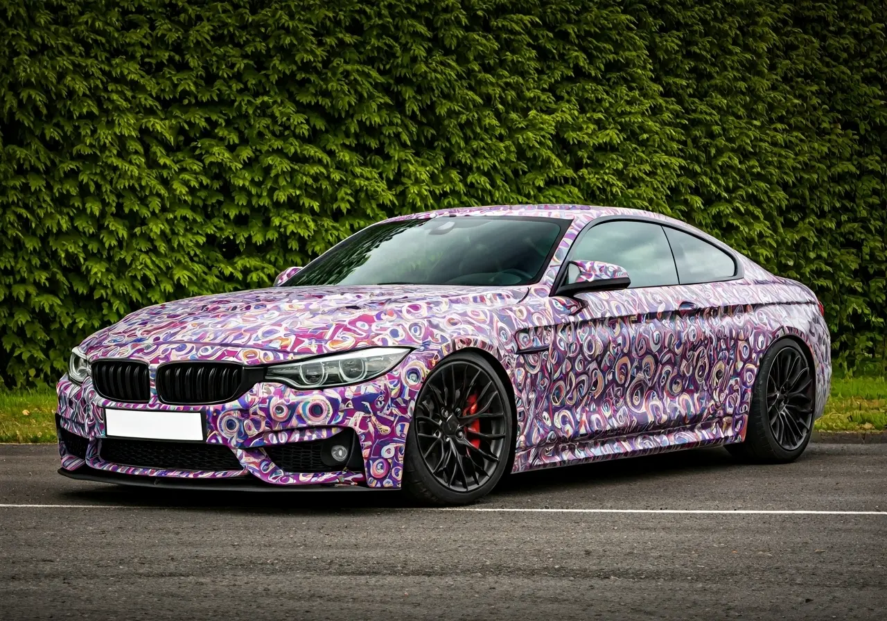 A vibrant car with a unique custom wrap design. 35mm stock photo