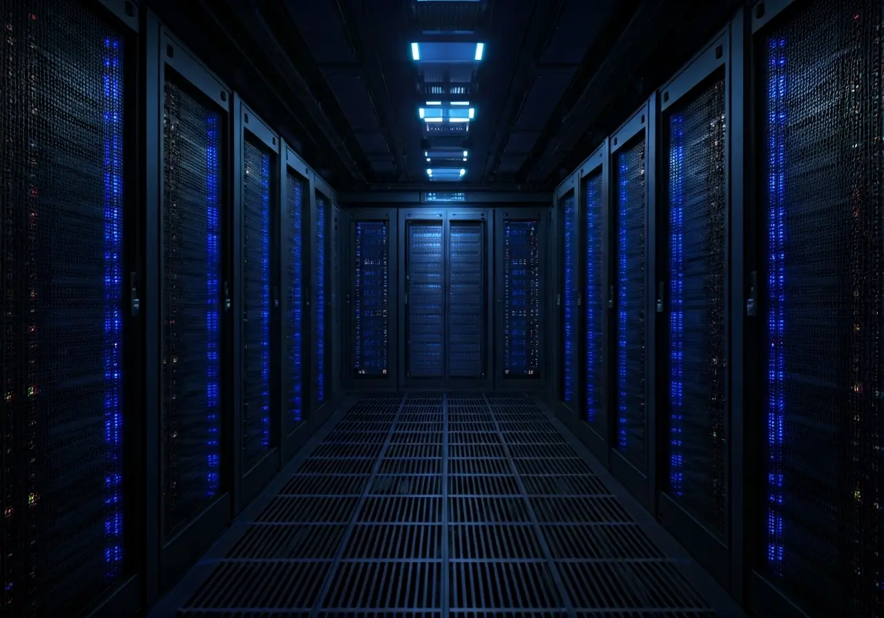 A futuristic server room with glowing blue lights. 35mm stock photo