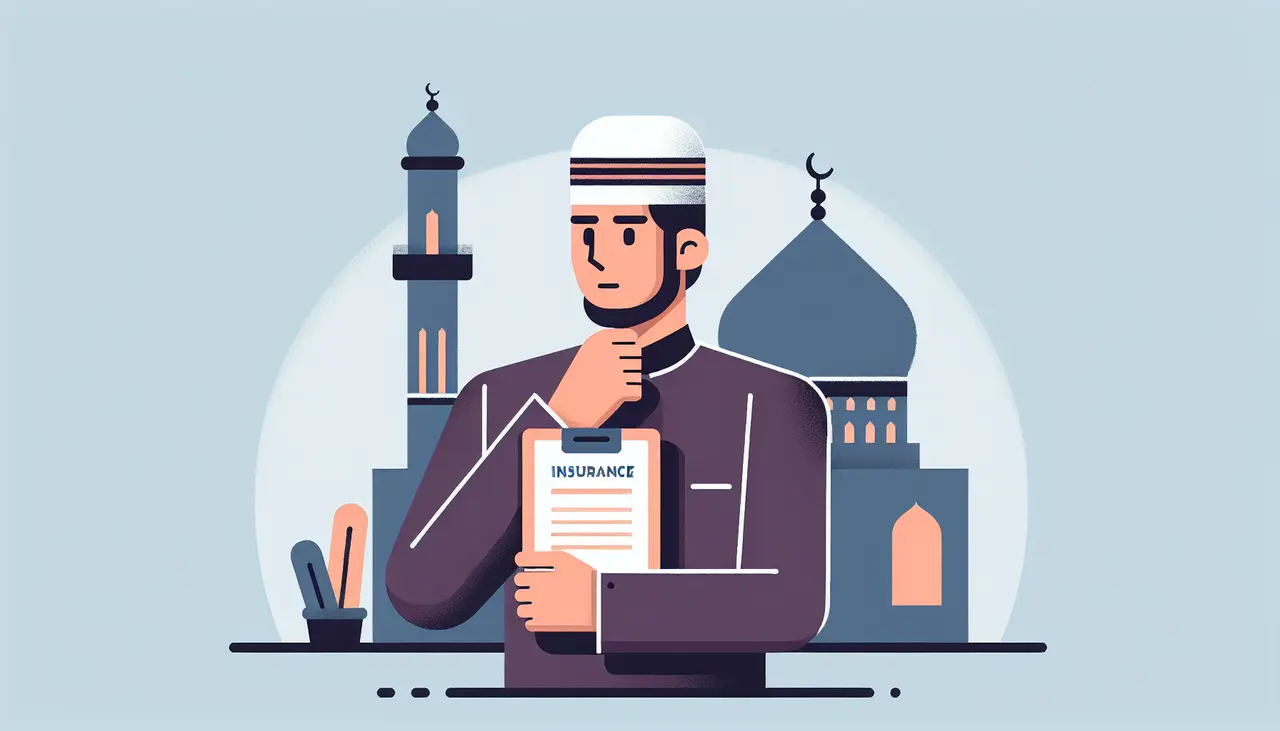 Draw a graphic in flat design style. A simple, flat design illustration of a thoughtful person in traditional Islamic attire holding a document labeled Life Insurance, with a mosque in the background.