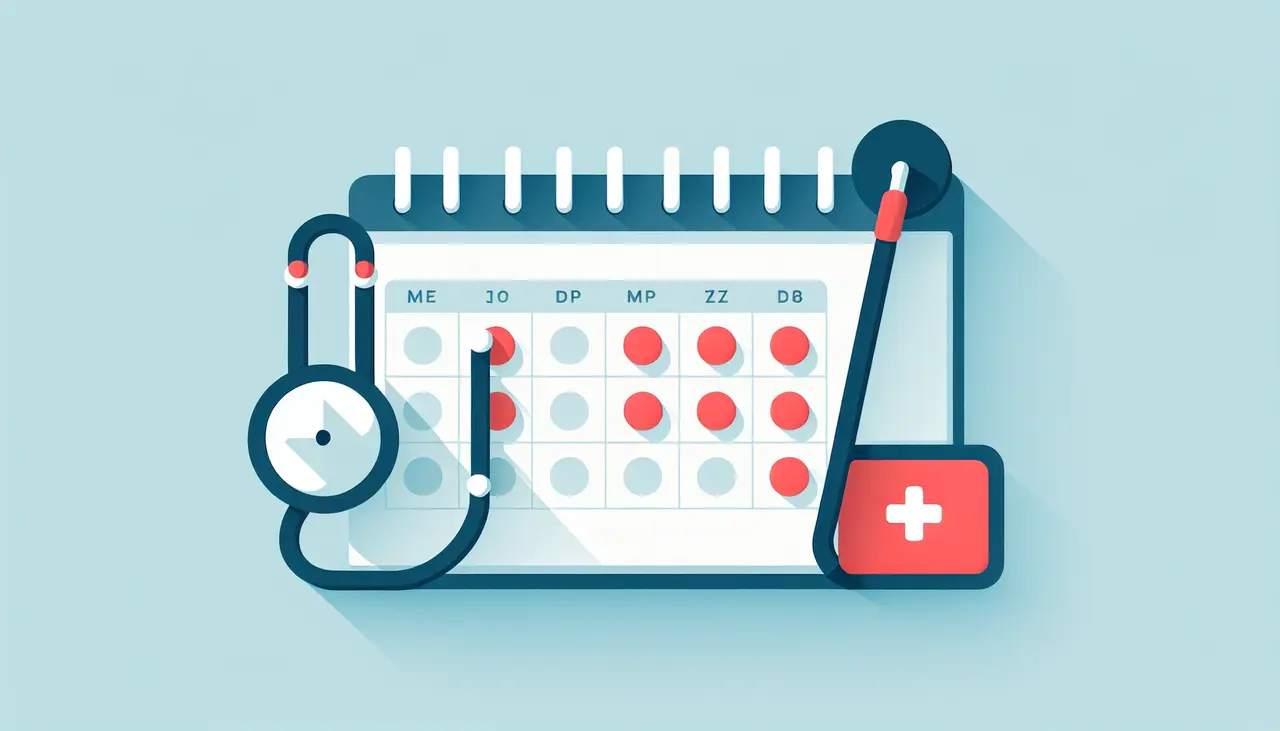 Draw a graphic in flat design style. An illustration of a calendar marked with a red circle highlighting specific dates, accompanied by a stethoscope and a Medicare card, all set against a light blue background.