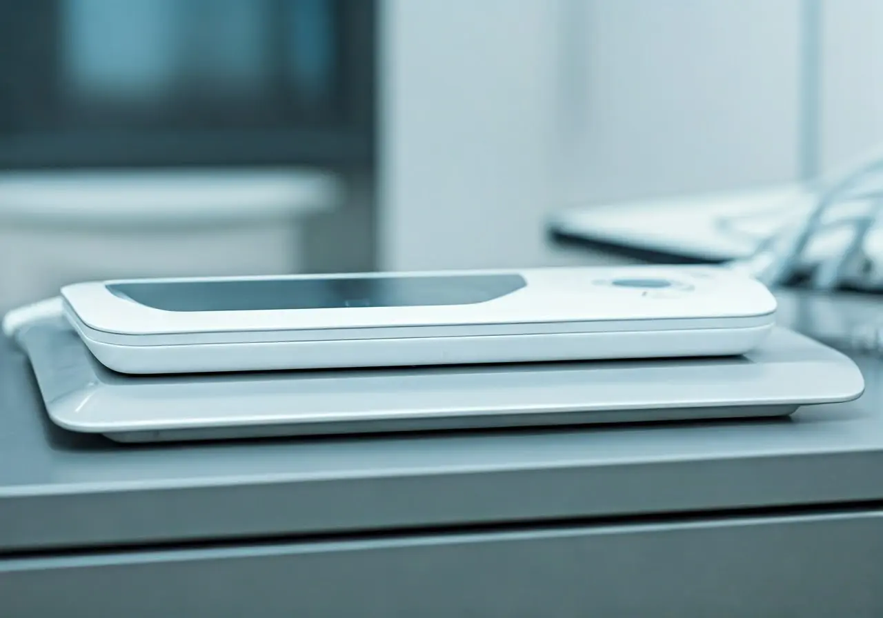 A sleek digital dental scanner on a polished dentist’s table. 35mm stock photo