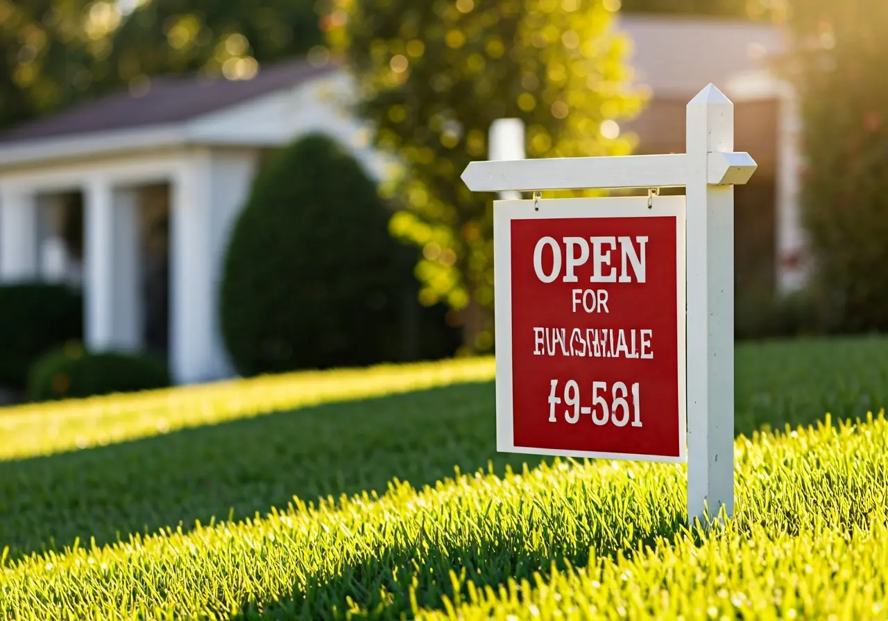 An open for sale sign in a sunlit front yard. 35mm stock photo