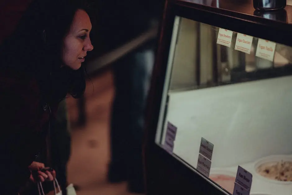 A woman peers into a store display case, considering her shopping options.