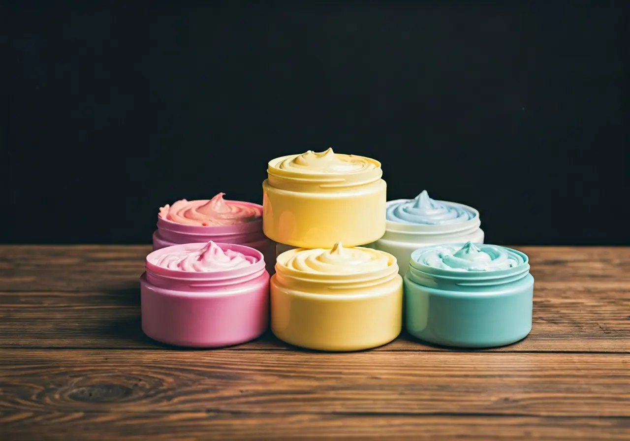 A collection of colorful body butter jars on a wooden table. 35mm stock photo