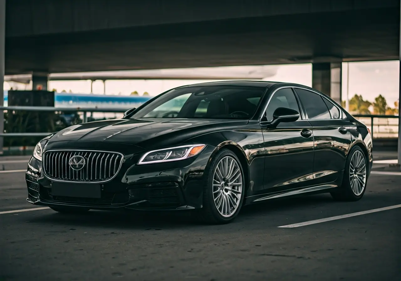 A sleek black luxury car parked near an airport terminal. 35mm stock photo