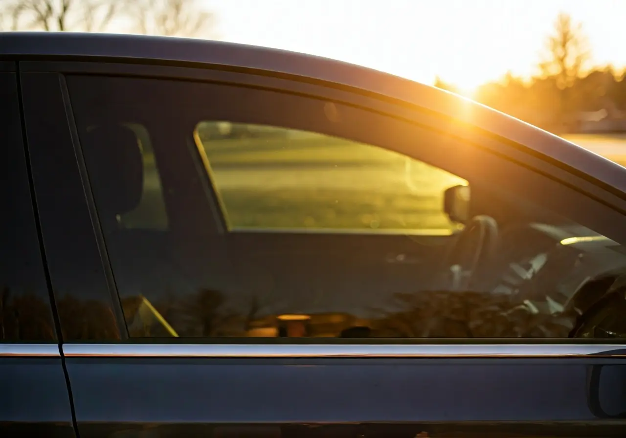 A sunlit car window showcasing sleek, durable window tinting. 35mm stock photo