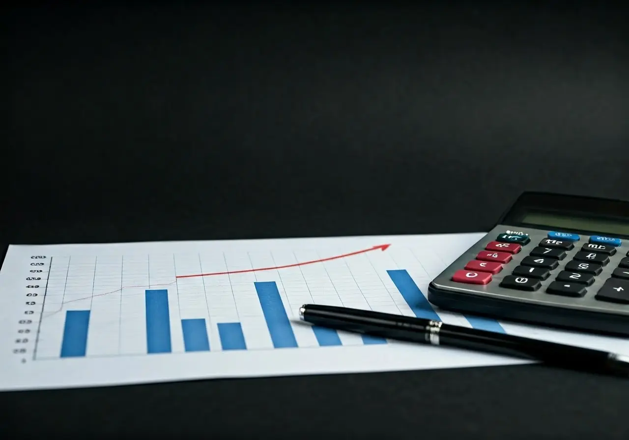 A graph with upward trends and a calculator beside it. 35mm stock photo