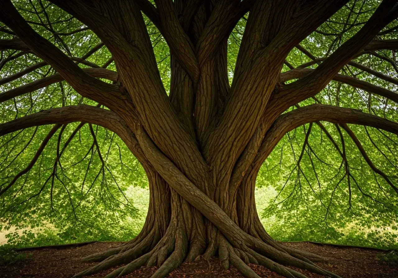 Two intertwined trees symbolizing strong, nurturing relationships. 35mm stock photo