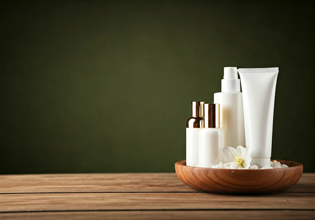 A serene spa setting with neatly arranged skin care products. 35mm stock photo