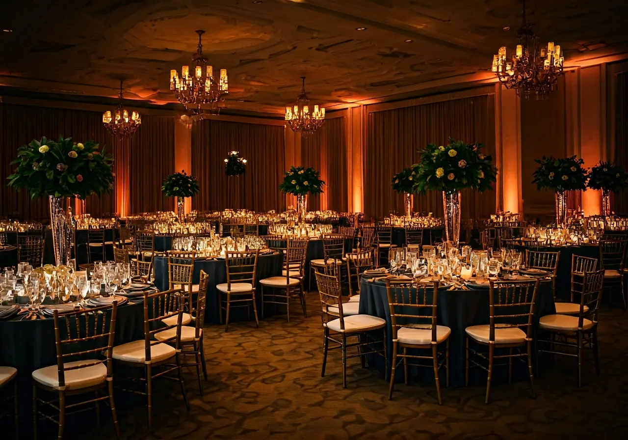 Luxurious event space with elegant decor and ambient lighting. 35mm stock photo