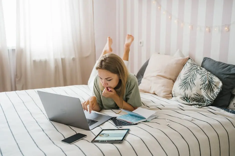 A woman lying on bed working remotely with a laptop and tablet in a cozy bedroom setting.