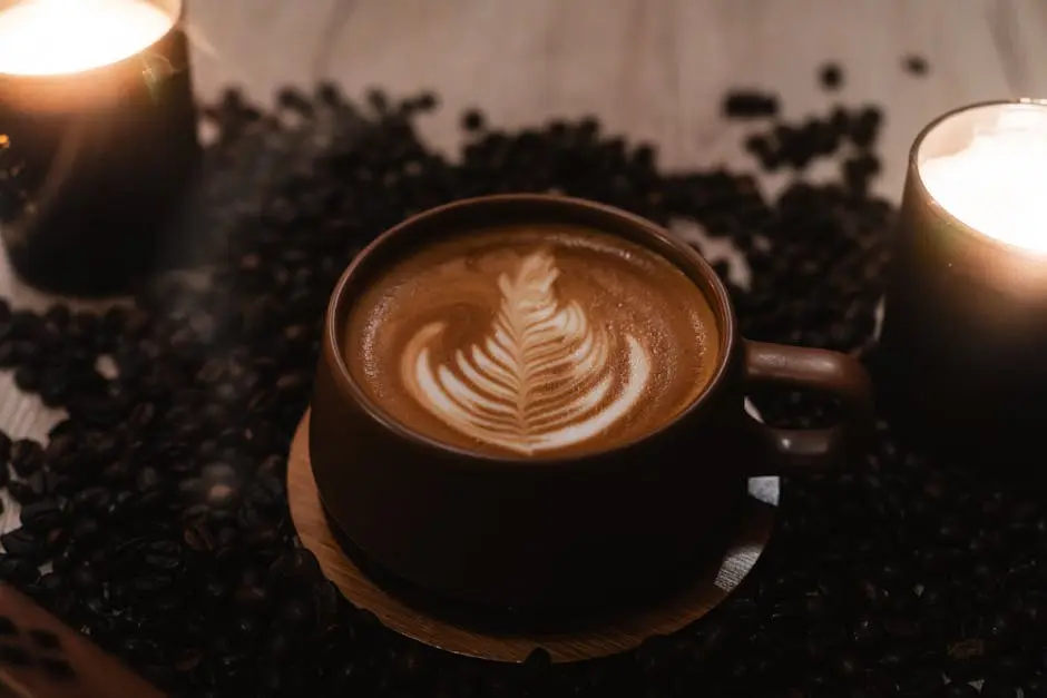 A warm and inviting scene featuring a cappuccino with beautiful latte art surrounded by coffee beans and candlelight.