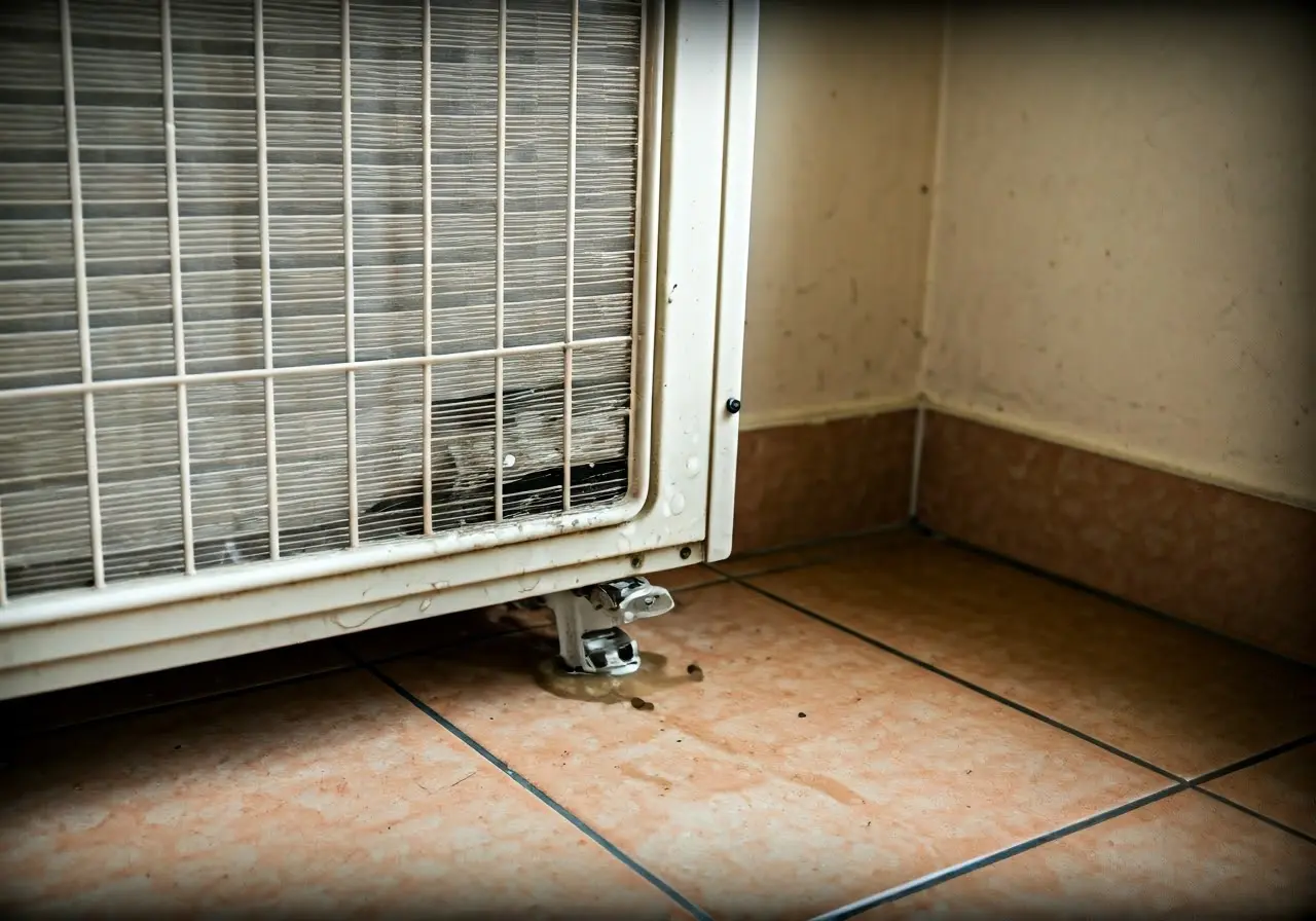 A worn-out air conditioner leaking water onto the floor. 35mm stock photo