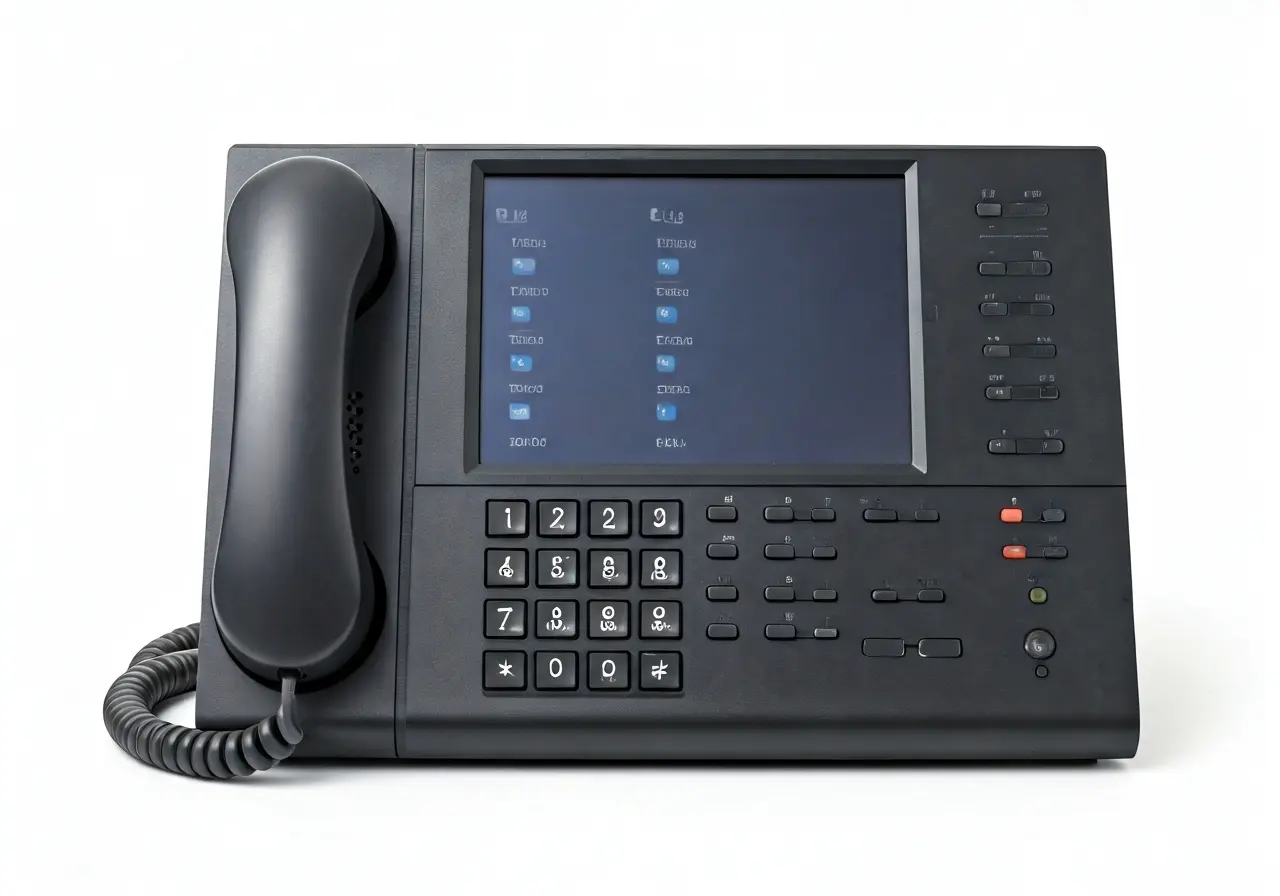 A modern office phone system with multiple lines and screens. 35mm stock photo