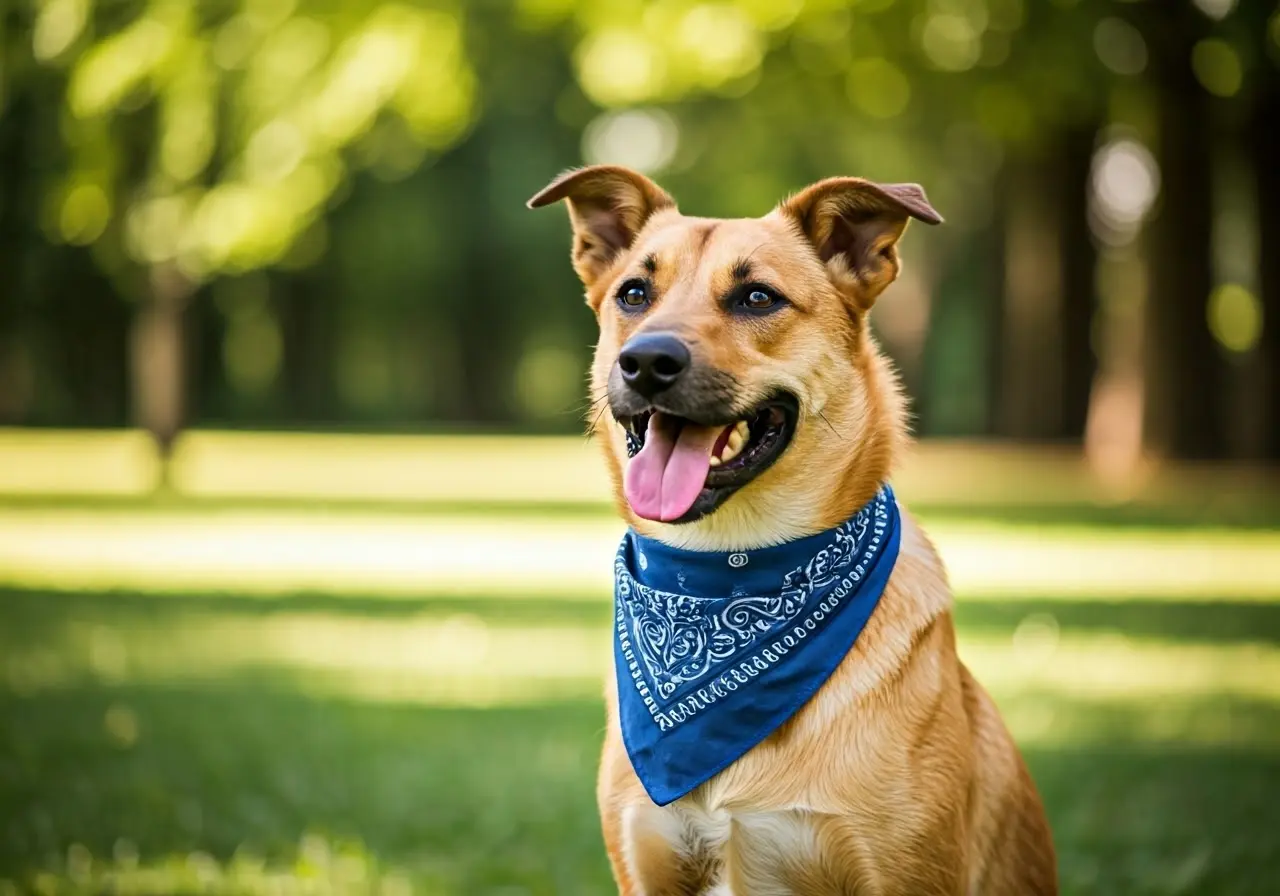 A happy dog wearing a bandana sits obediently in park. 35mm stock photo