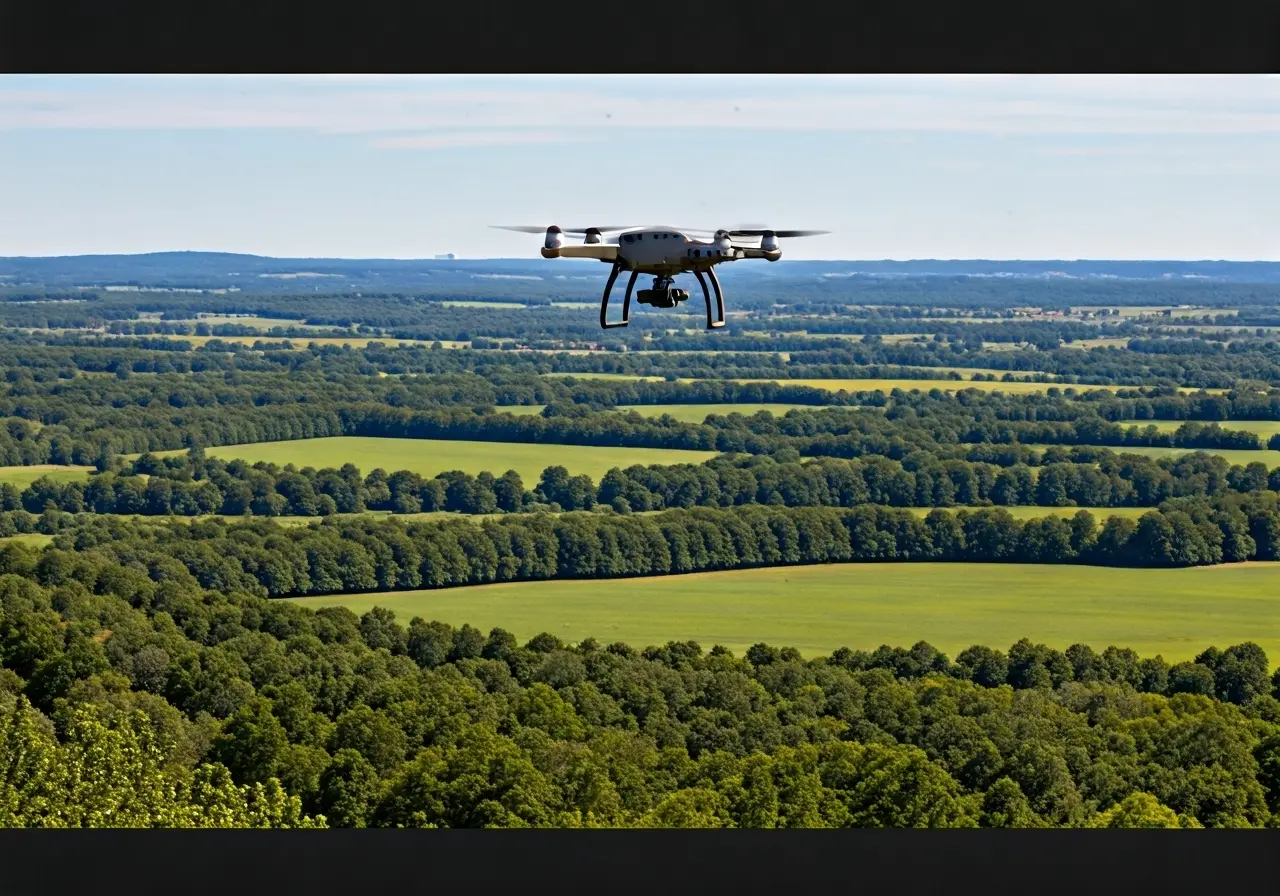 A drone hovering over a lush, expansive farmland landscape. 35mm stock photo