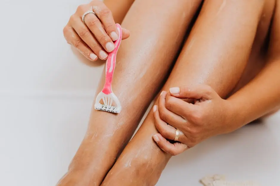 Detailed view of a woman&rsquo;s legs being shaved with pink razor and cream