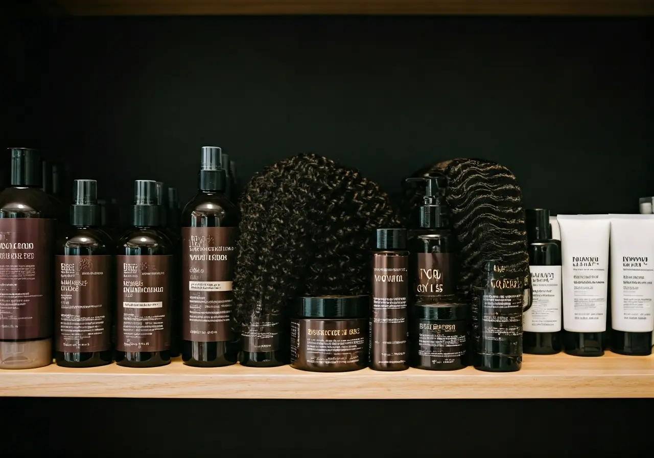 A variety of natural wave hair products on a shelf. 35mm stock photo