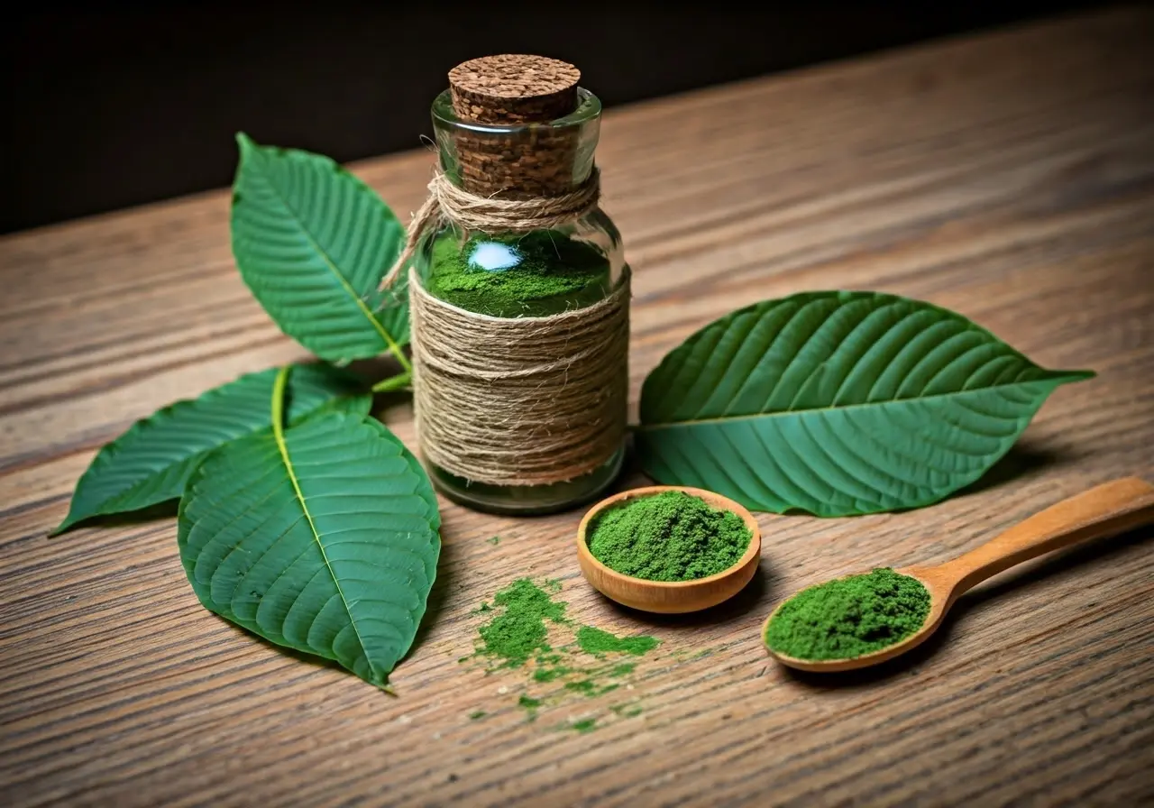 A collection of kratom leaves and powder on a table. 35mm stock photo