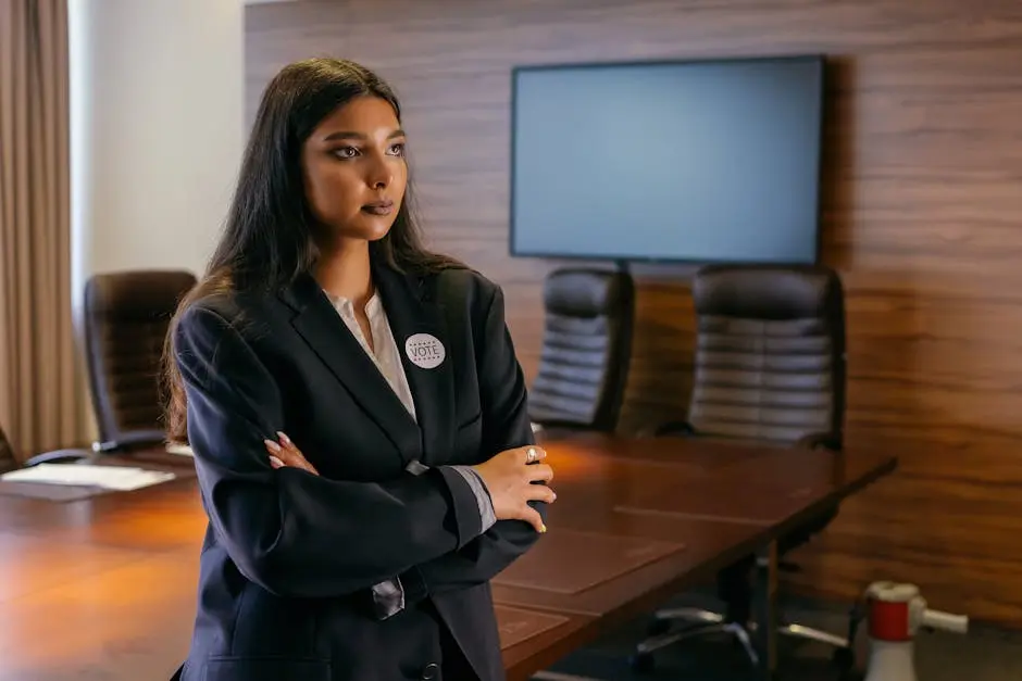 A confident woman temporary ceo in a business suit stands with arms crossed in a corporate boardroom.