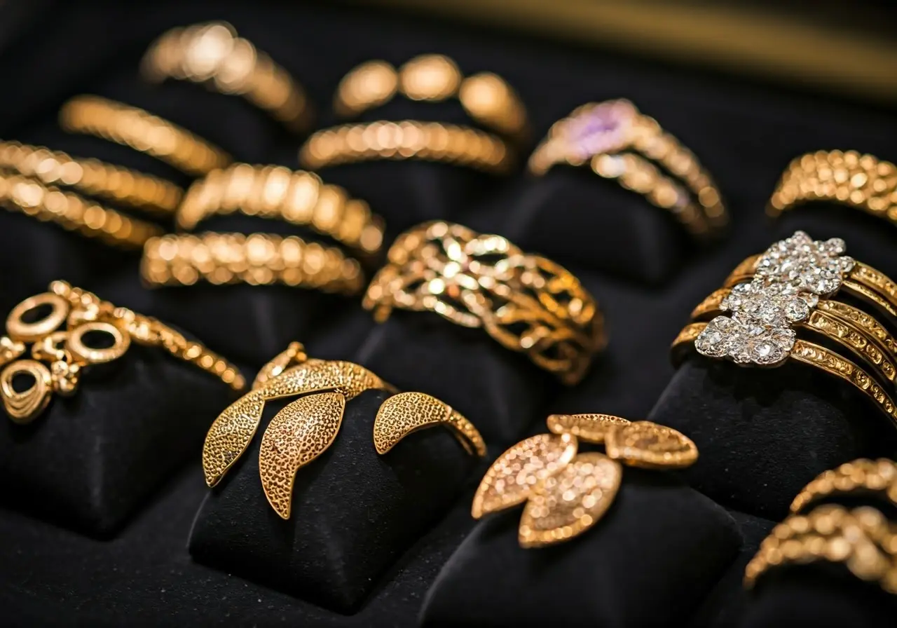 A close-up of assorted gold jewelry on a display. 35mm stock photo