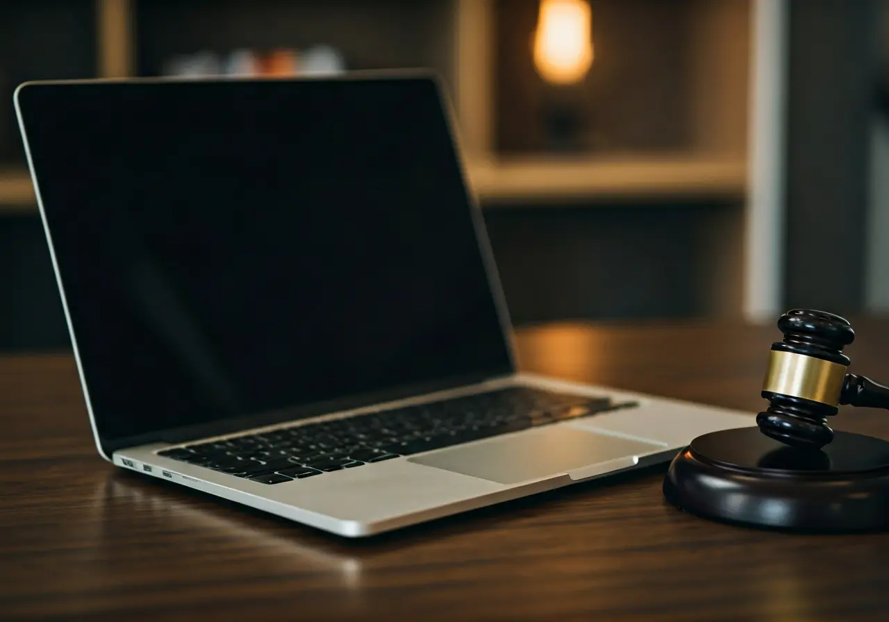A laptop displaying a legal document with a gavel nearby. 35mm stock photo