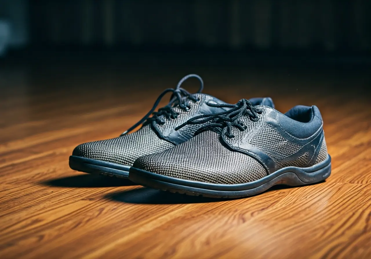 A close-up of orthopedic shoes on a wooden floor. 35mm stock photo