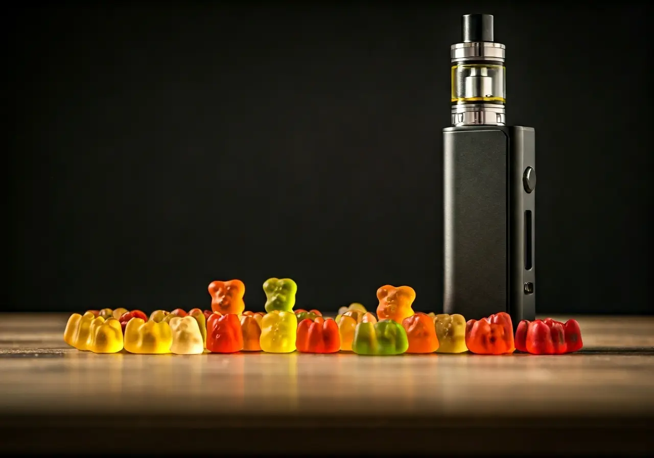 Colorful gummy bears arranged beside a sleek vape device. 35mm stock photo