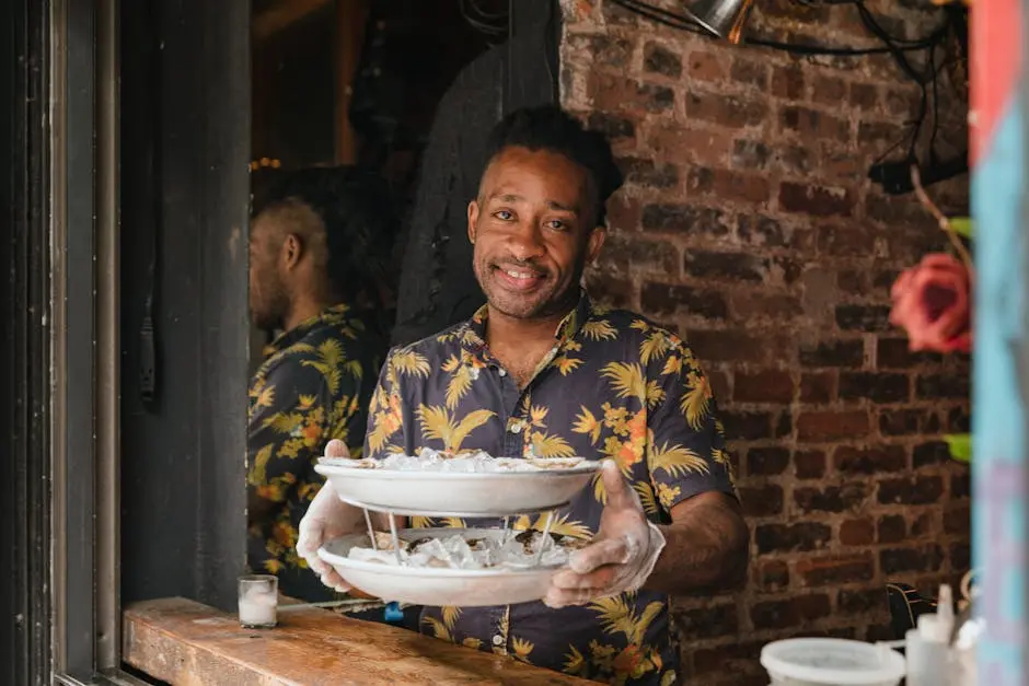 Portrait of a smiling man in a tropical shirt holding a tray of fresh oysters at an indoor bar.