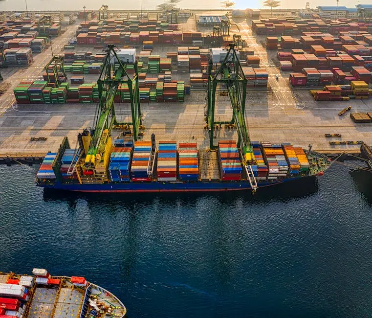 Aerial shot of colorful shipping containers at North Jakarta&rsquo;s bustling port, Indonesia.