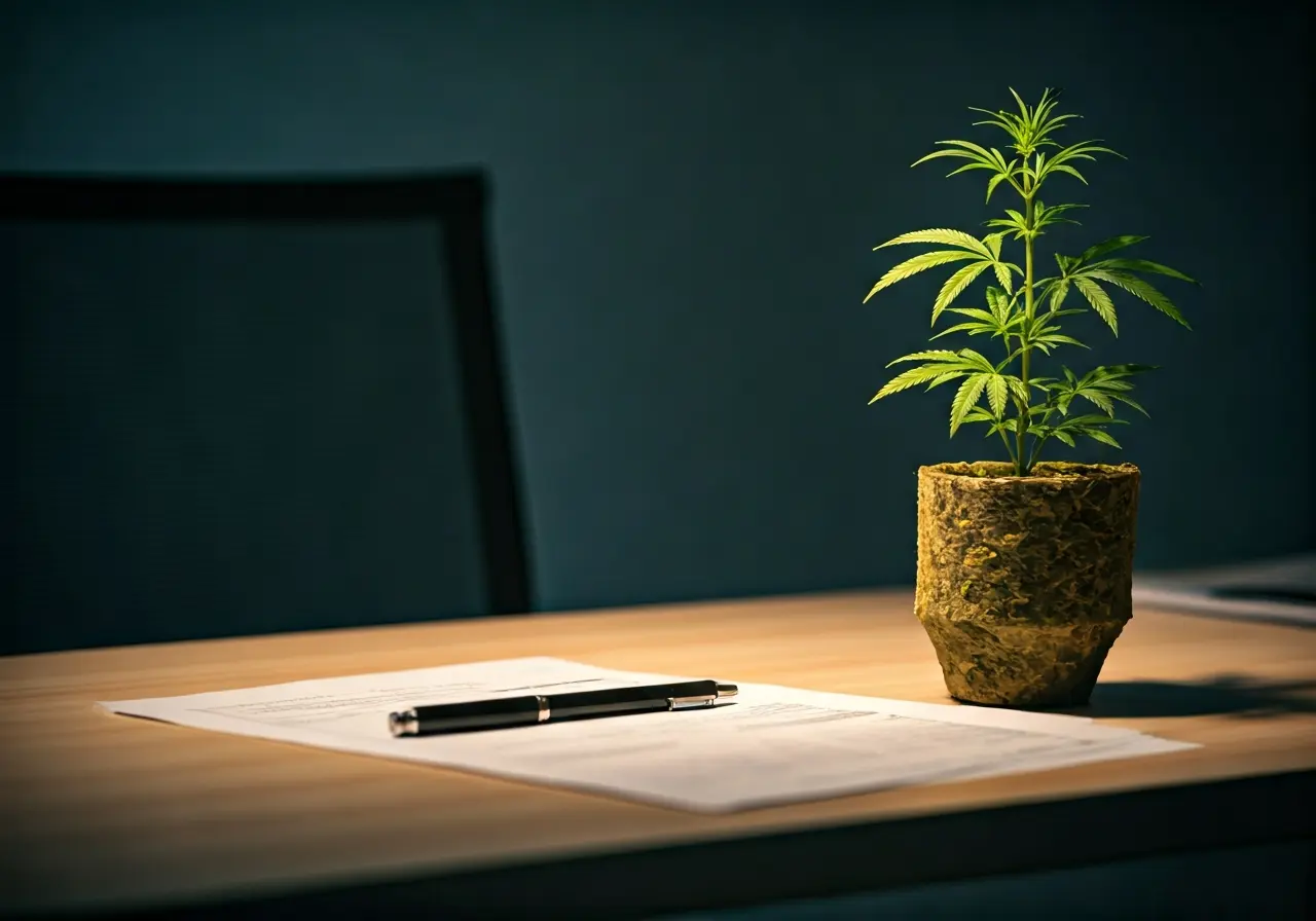 A modern office desk with cannabis plant and documents. 35mm stock photo