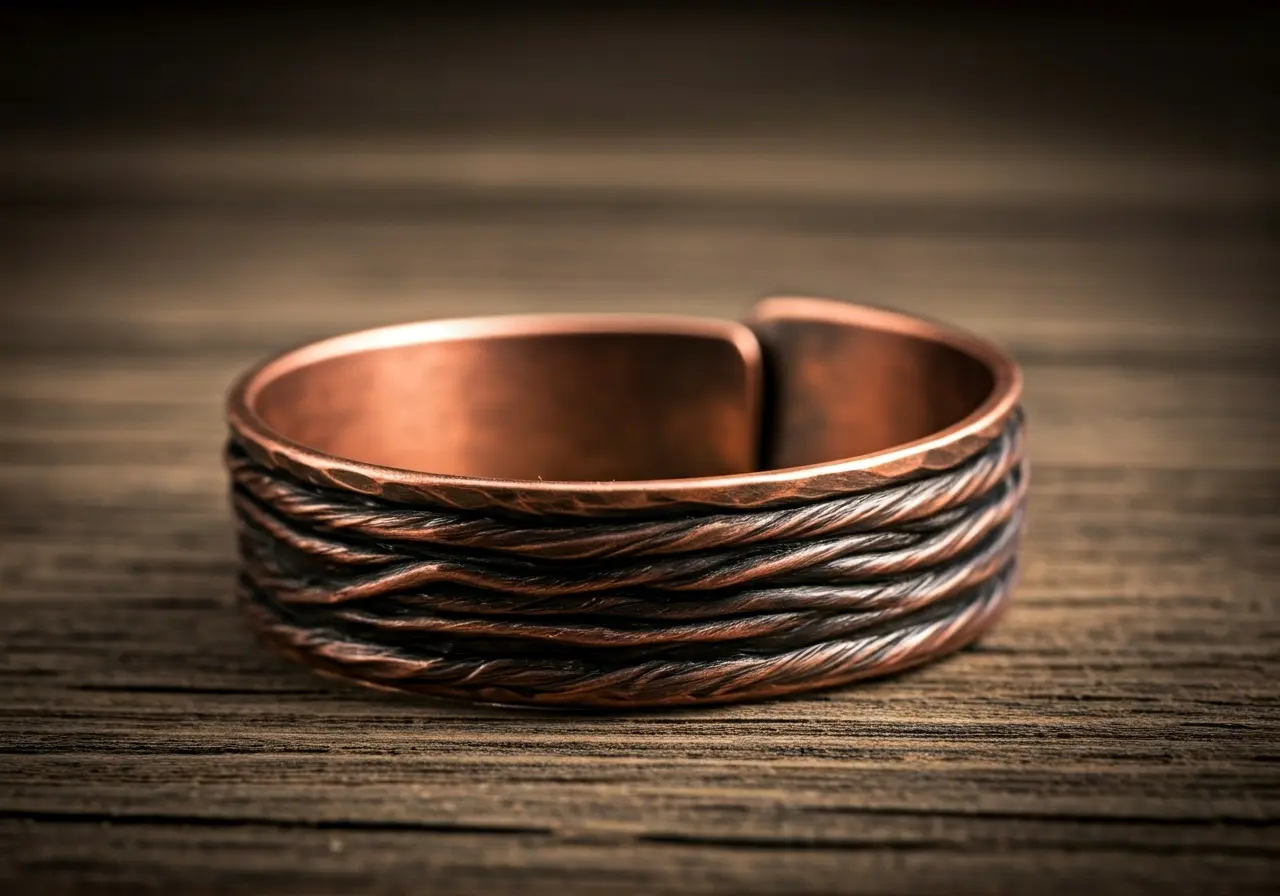 A close-up of a copper bracelet on a wooden table. 35mm stock photo