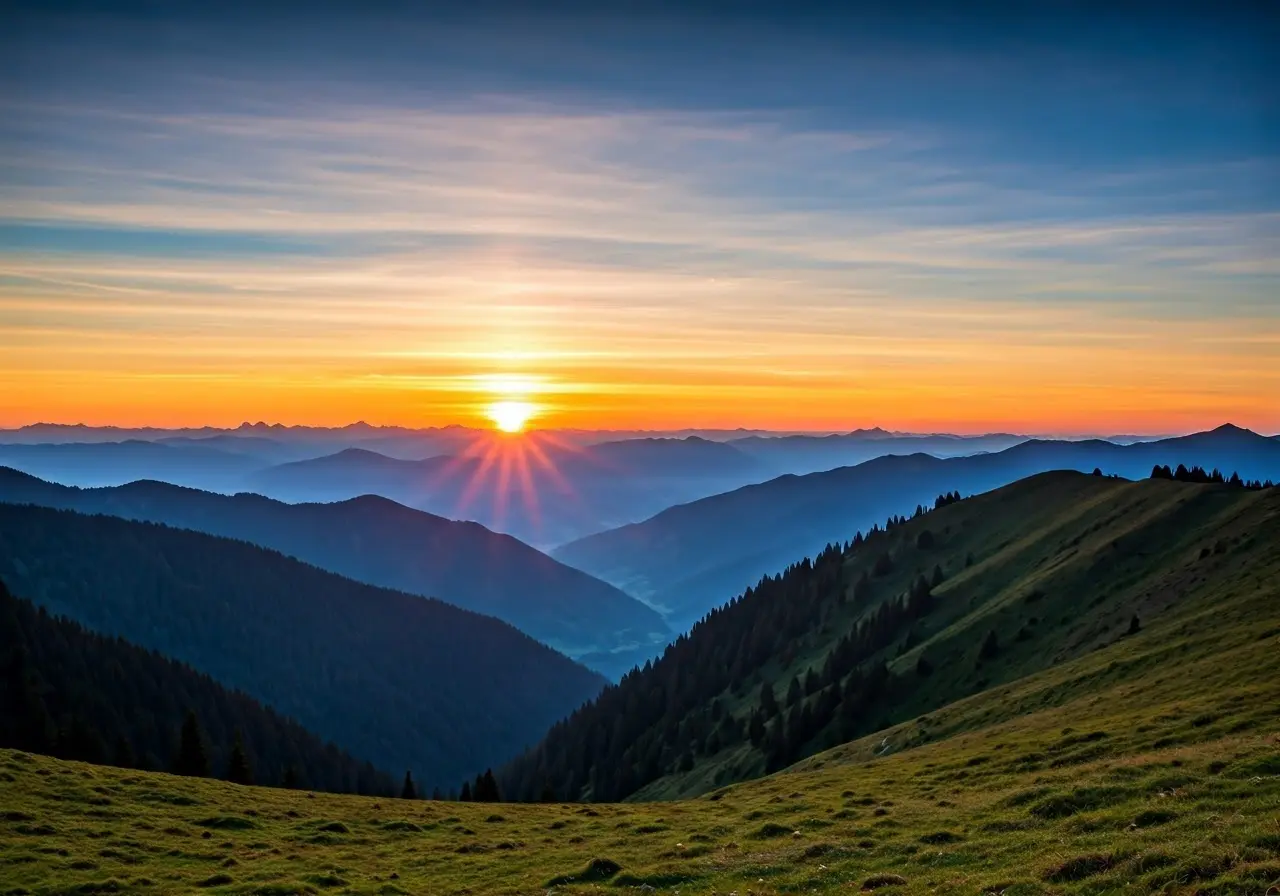 A sunrise over mountains symbolizing new beginnings and growth. 35mm stock photo