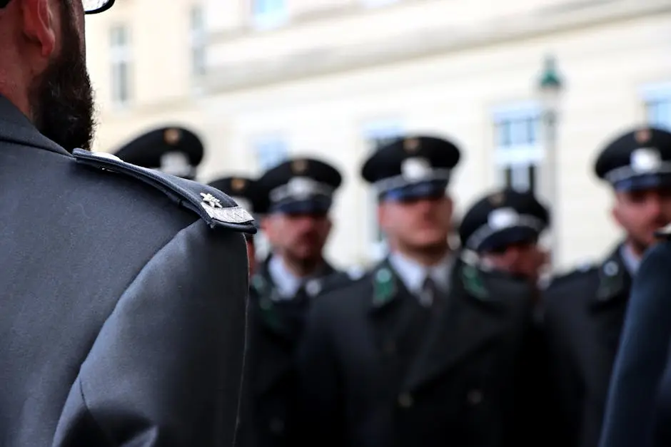 Blurred group of uniformed officers in formation, focusing on insignia and uniform details.