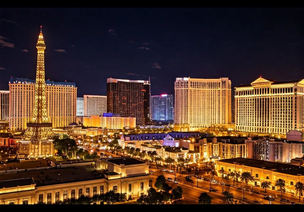 A vibrant Las Vegas skyline at twilight with city lights. 35mm stock photo