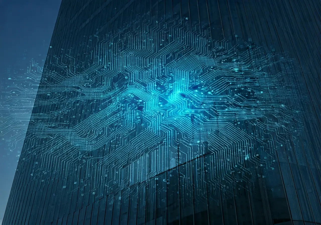 A high-tech building&rsquo;s facade with digital circuits overlay. 35mm stock photo