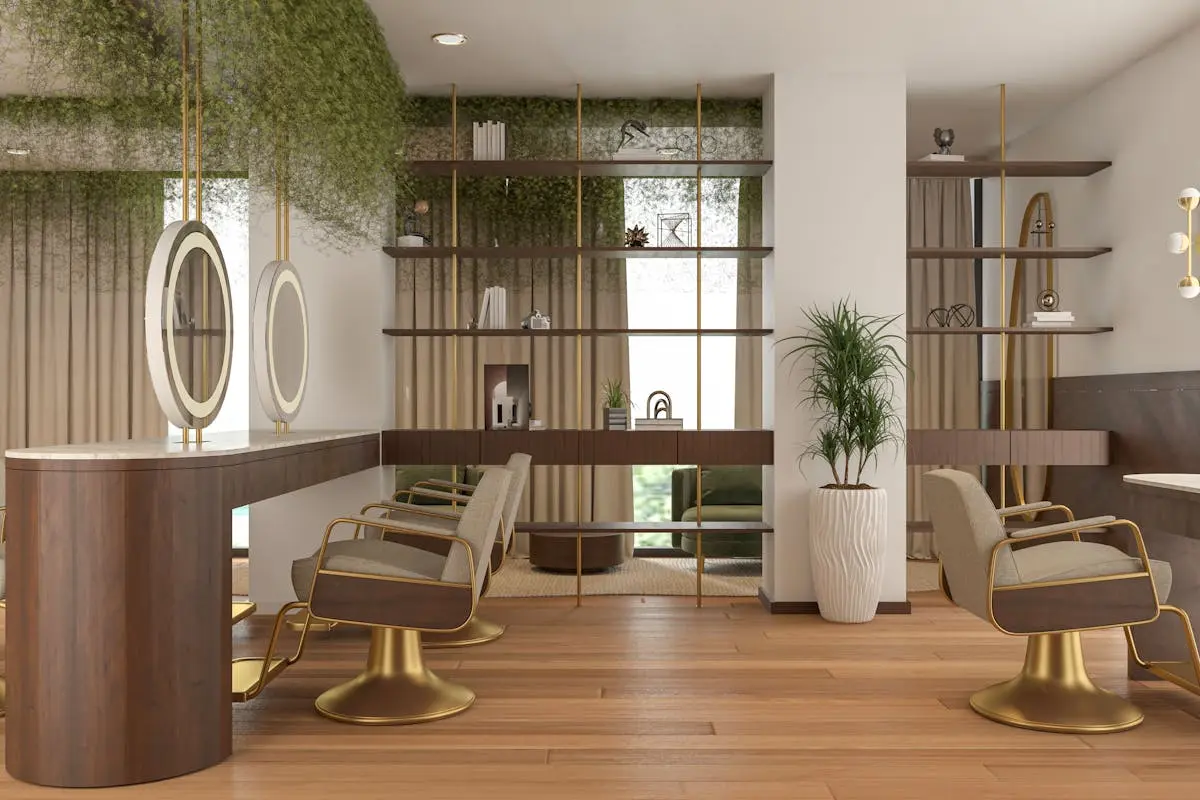 Sleek modern space featuring high-end furniture and lush greenery accents.