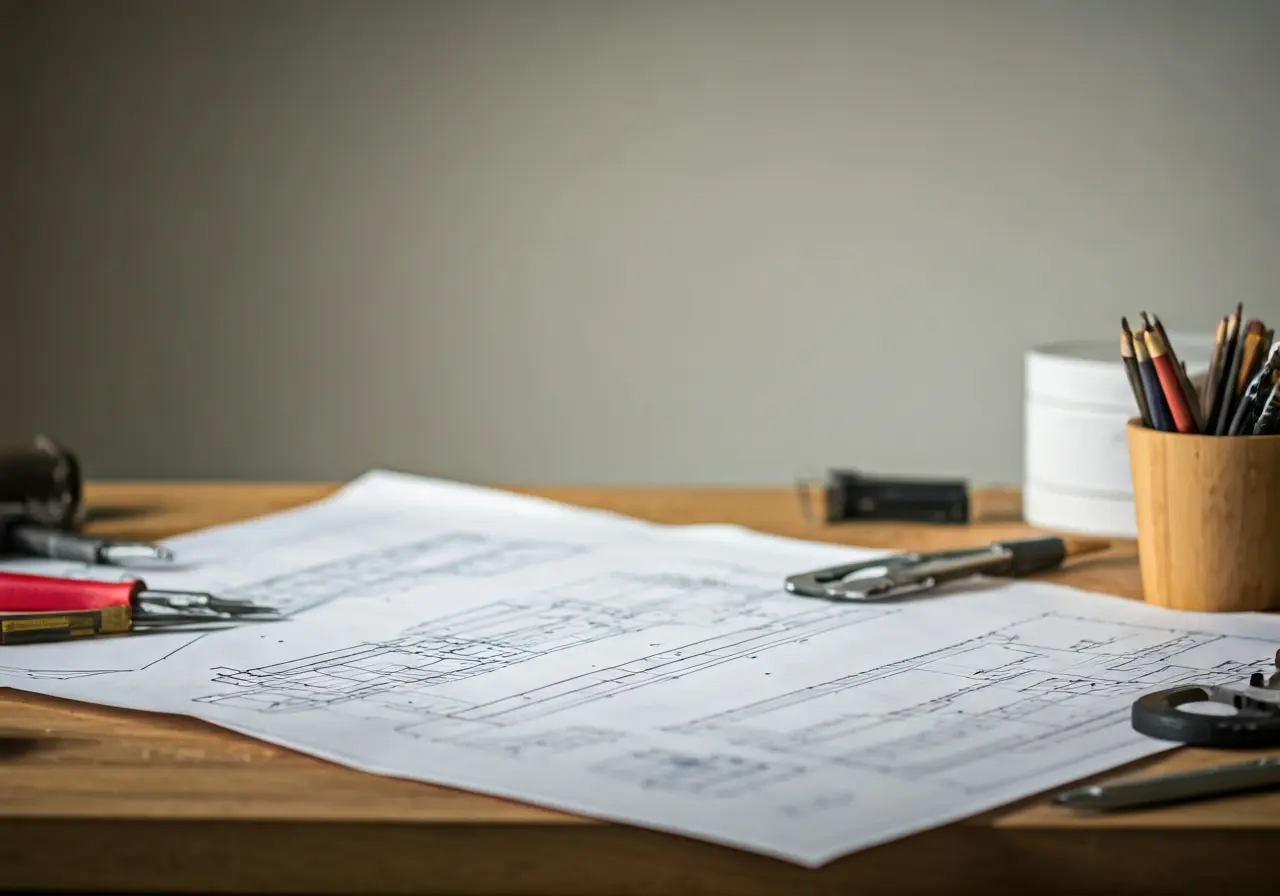 Blueprints and tools on a workbench in a bright room. 35mm stock photo
