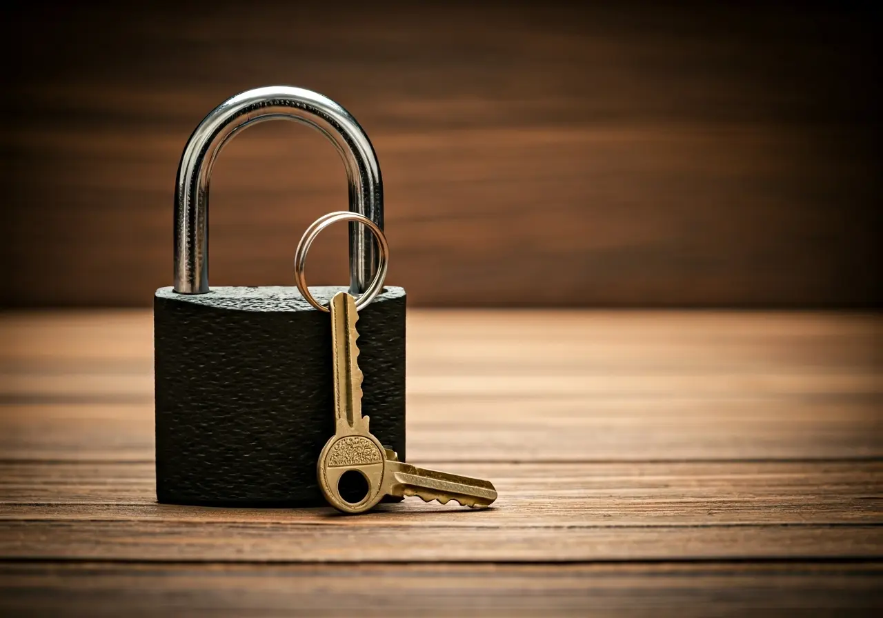 Padlock with key on wooden surface, symbolizing security solutions for small businesses in Pendleton.