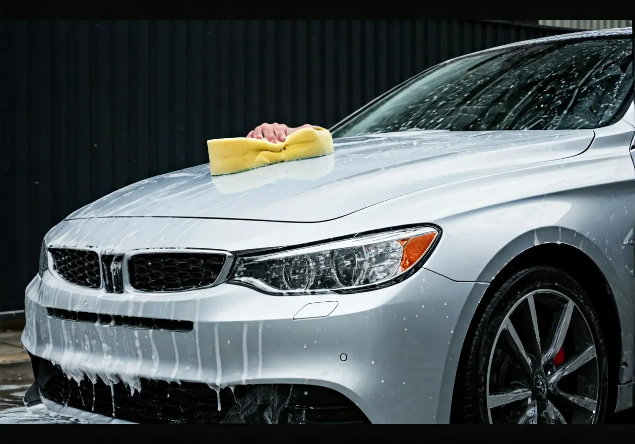 A car being hand-washed with a sponge and water bucket. 35mm stock photo