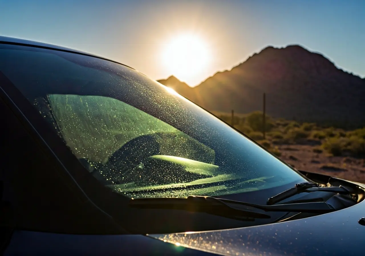 A sparkling clean car windshield reflecting the bright Phoenix sun. 35mm stock photo