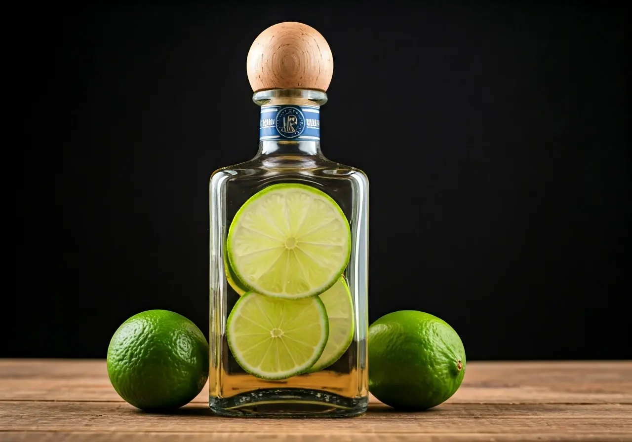 A close-up of tequila bottle with fresh sliced limes. 35mm stock photo