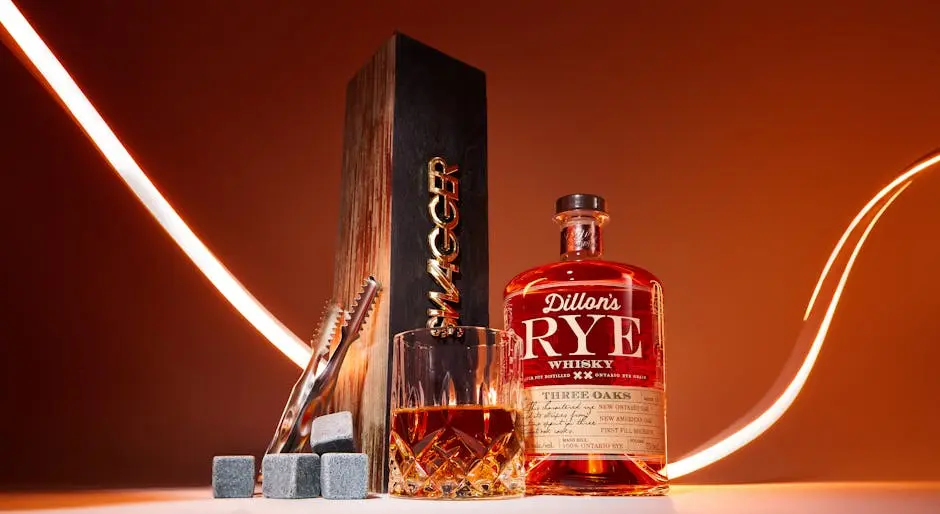 Whiskey set featuring Dillon’s Rye Whiskey bottle, glass, and tongs on a warm background.