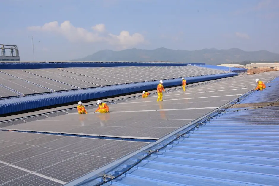 Workers installing solar panels on a large roof, highlighting renewable energy and sustainability.